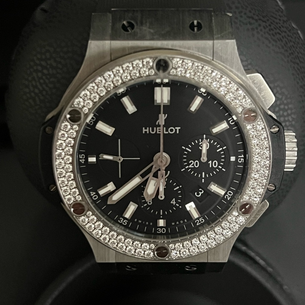 Hublot Black and Silver Watch with Diamond Bezel
